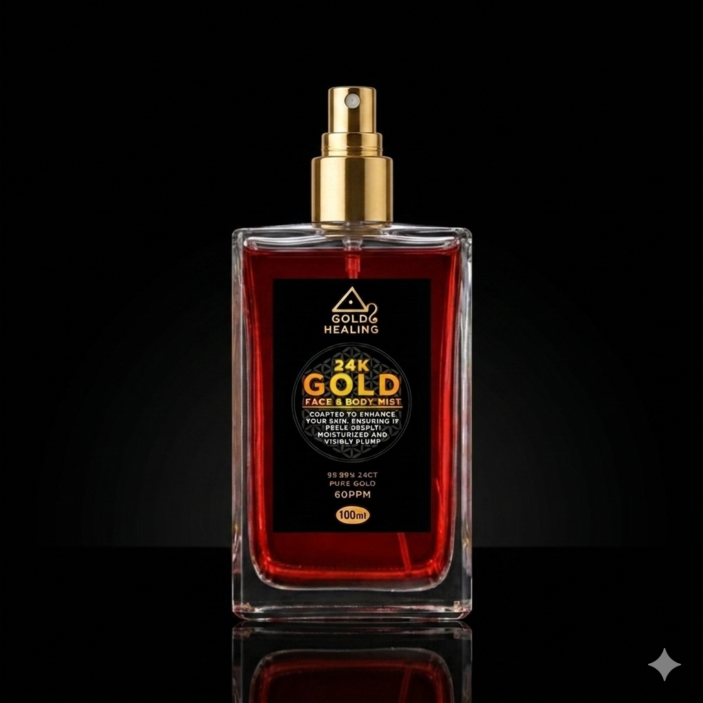 Bottle of 24K Gold Face & Body Mist with gold cap on a black background
