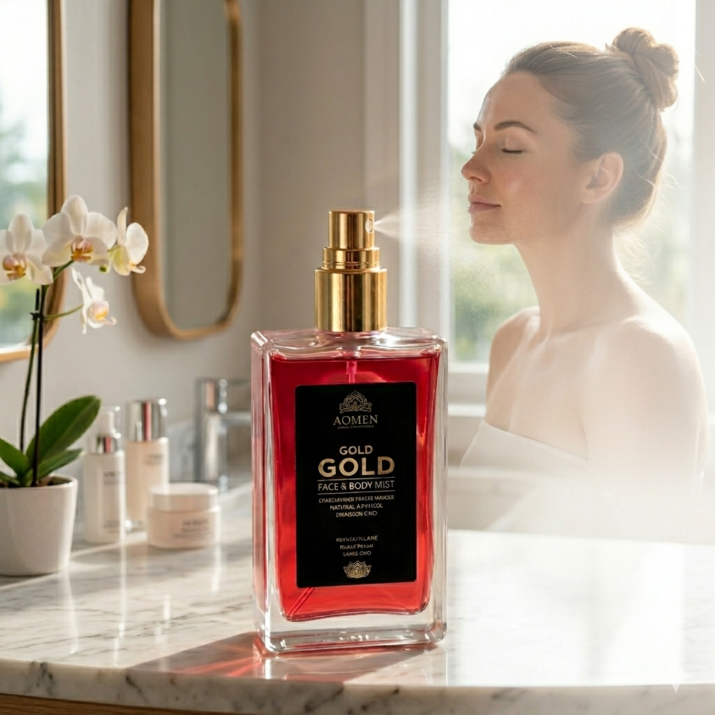 Woman applying perfume mist with a bottle labeled 'Gold Gold' on a marble surface.