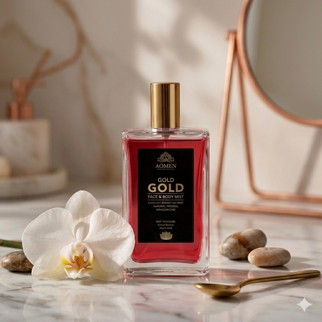 A bottle of Gold Face & Body Mist on a marble surface with an orchid and rocks.