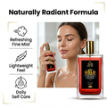 Woman holding a spray bottle with a skincare product, featuring text on natural radiance and product benefits.