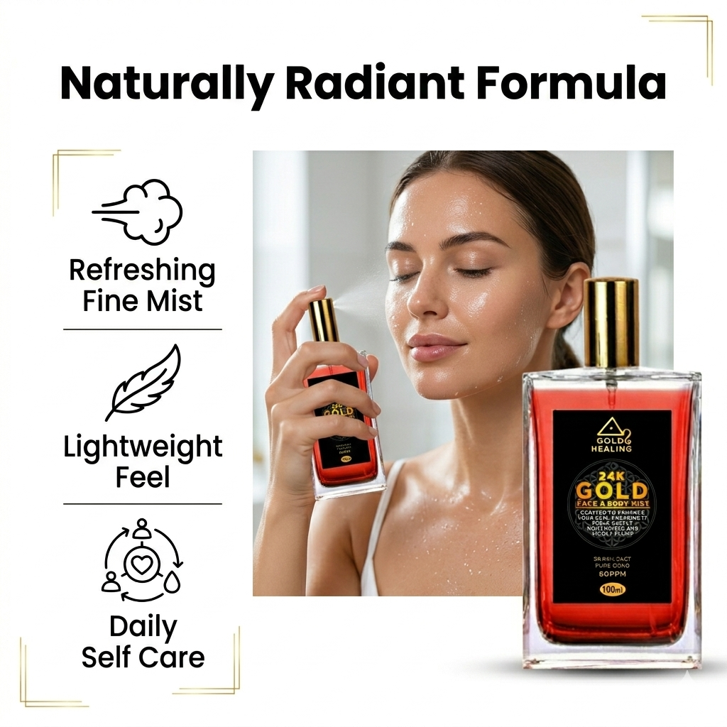 Woman holding a spray bottle with a skincare product, featuring text on natural radiance and product benefits.