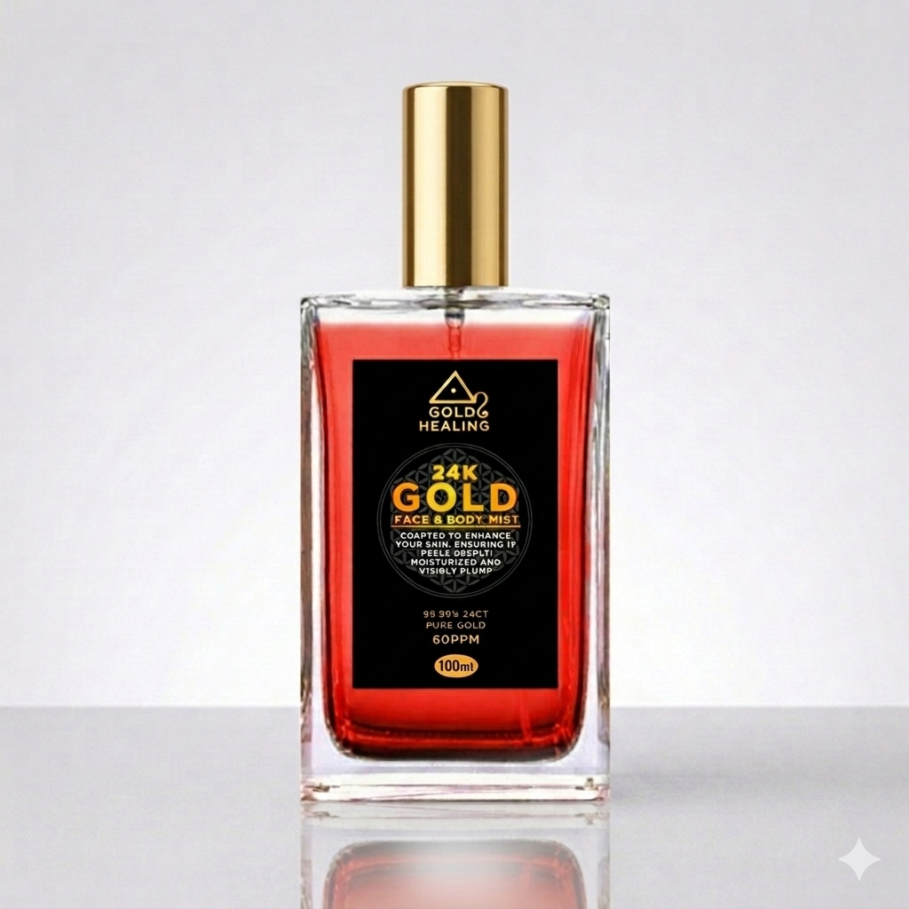 Red bottle with gold cap labeled 'Gold Healing' on a white background