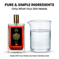 Bottle of 24K Gold Face Tonic Mist next to a glass of water with text about pure ingredients.