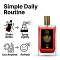 Bottle of 24K Gold Face and Body Mist with usage instructions on a white background