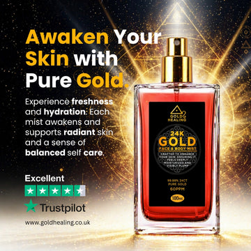 Bottle of Gold Healing 24K Gold Face & Body Mist with promotional text on a dark background