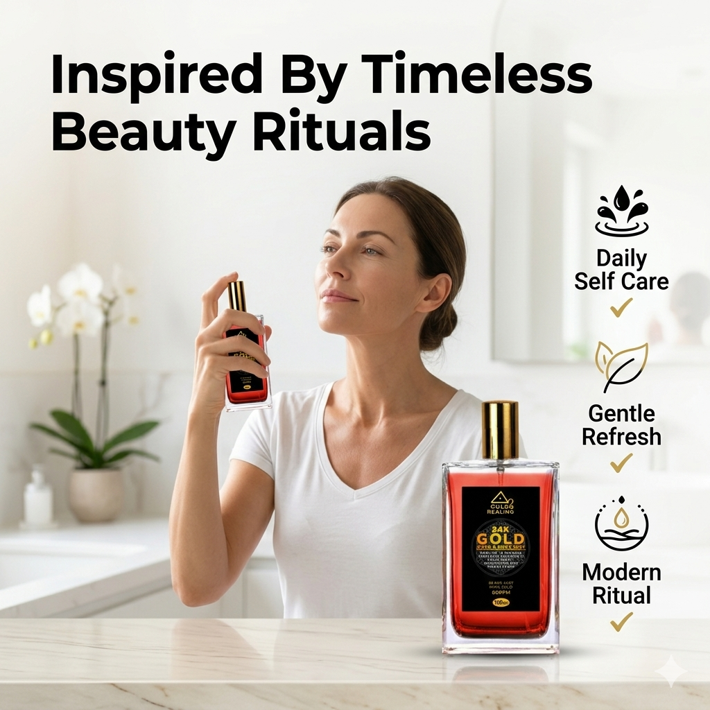Woman holding a perfume bottle with text 'Inspired By Timeless Beauty Rituals' and icons indicating benefits.