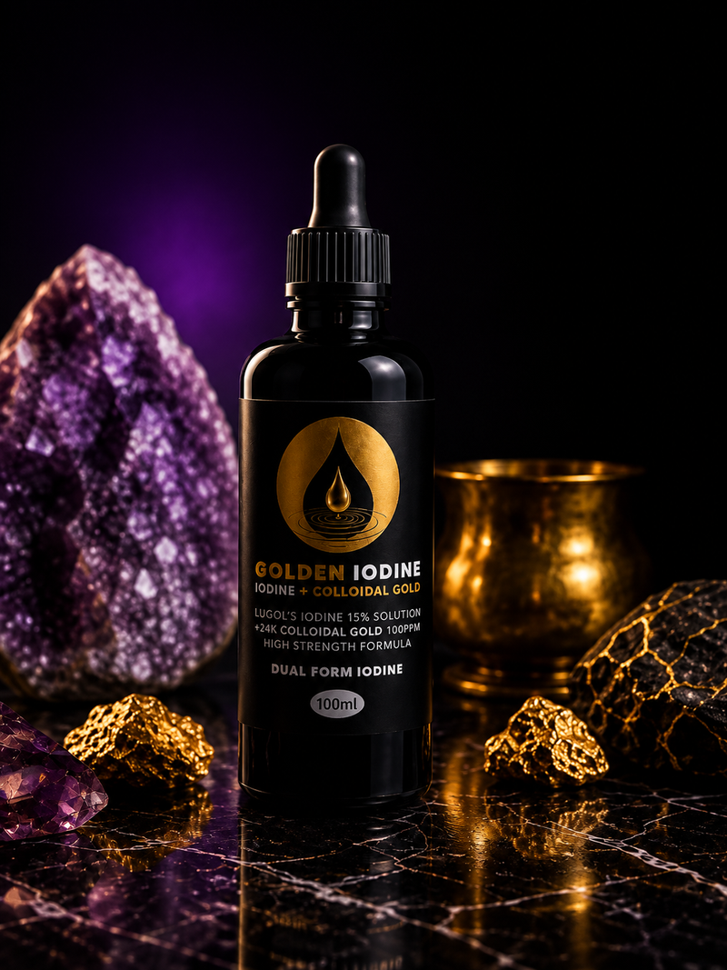 A 100ml bottle of Golden Iodine colloidal gold dropper bottle, styled on a dark reflective surface with purple crystals and gold metallic pieces against a black background with purple lighting.