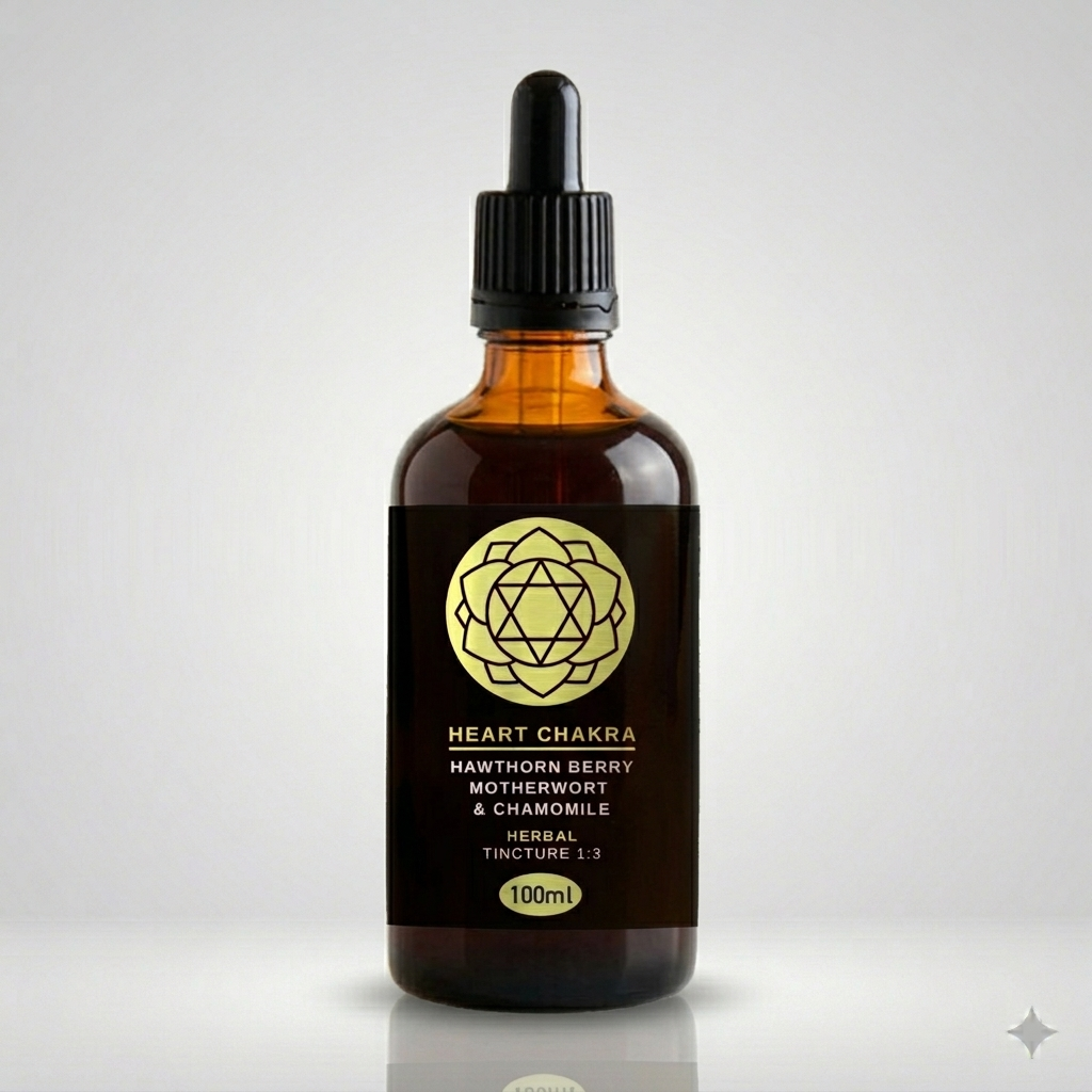 Bottle of Heart Chakra herbal tincture with a dropper on a light gray background
