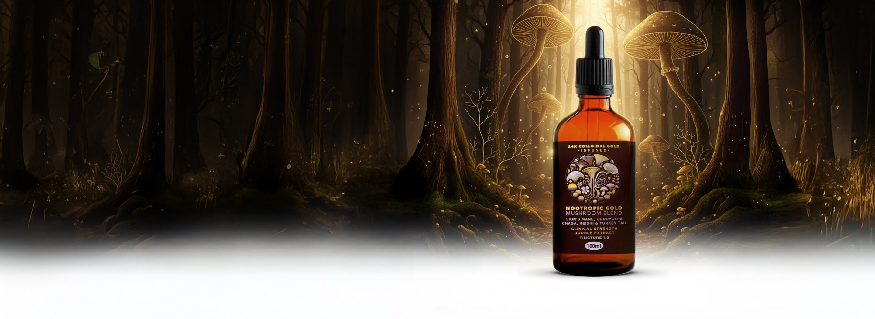 Bottle of nootropic 24k Gold 5 Mushroom Blend in a mystical forest settingslider_item_kcbpbc