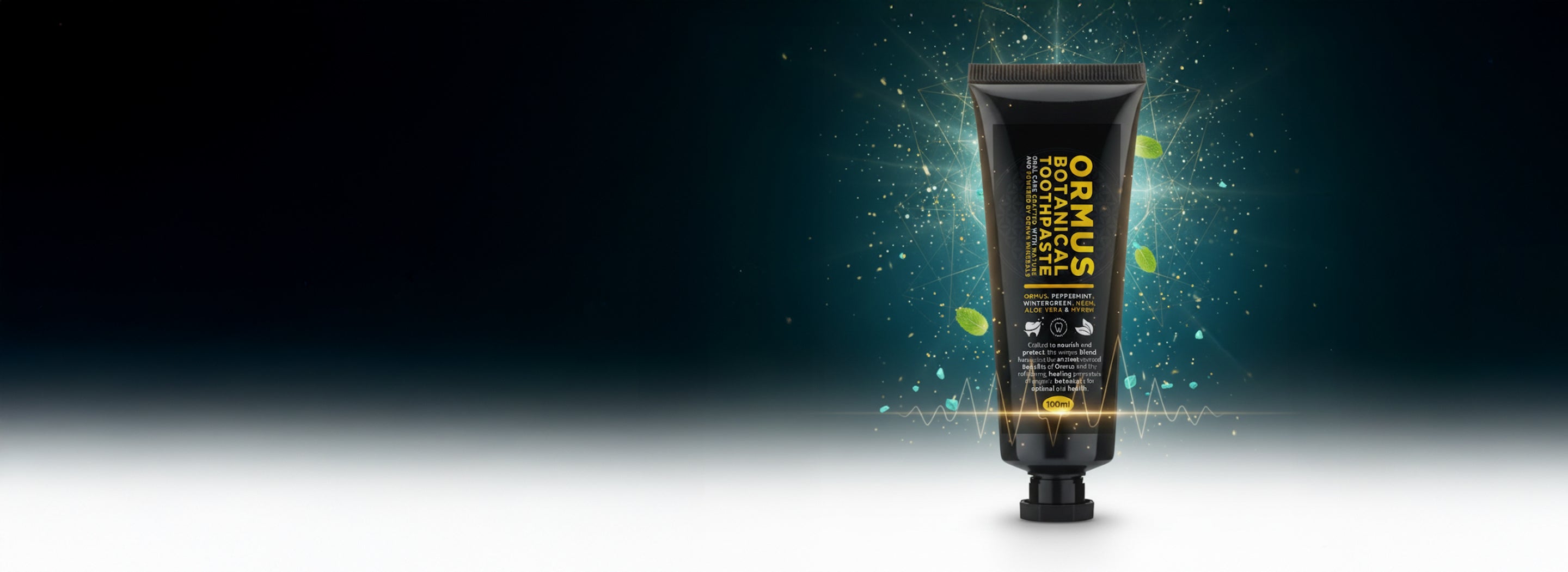 Ormus Botanical Toothpaste tube on a dark background with glowing effectsslider_item_gpjYec