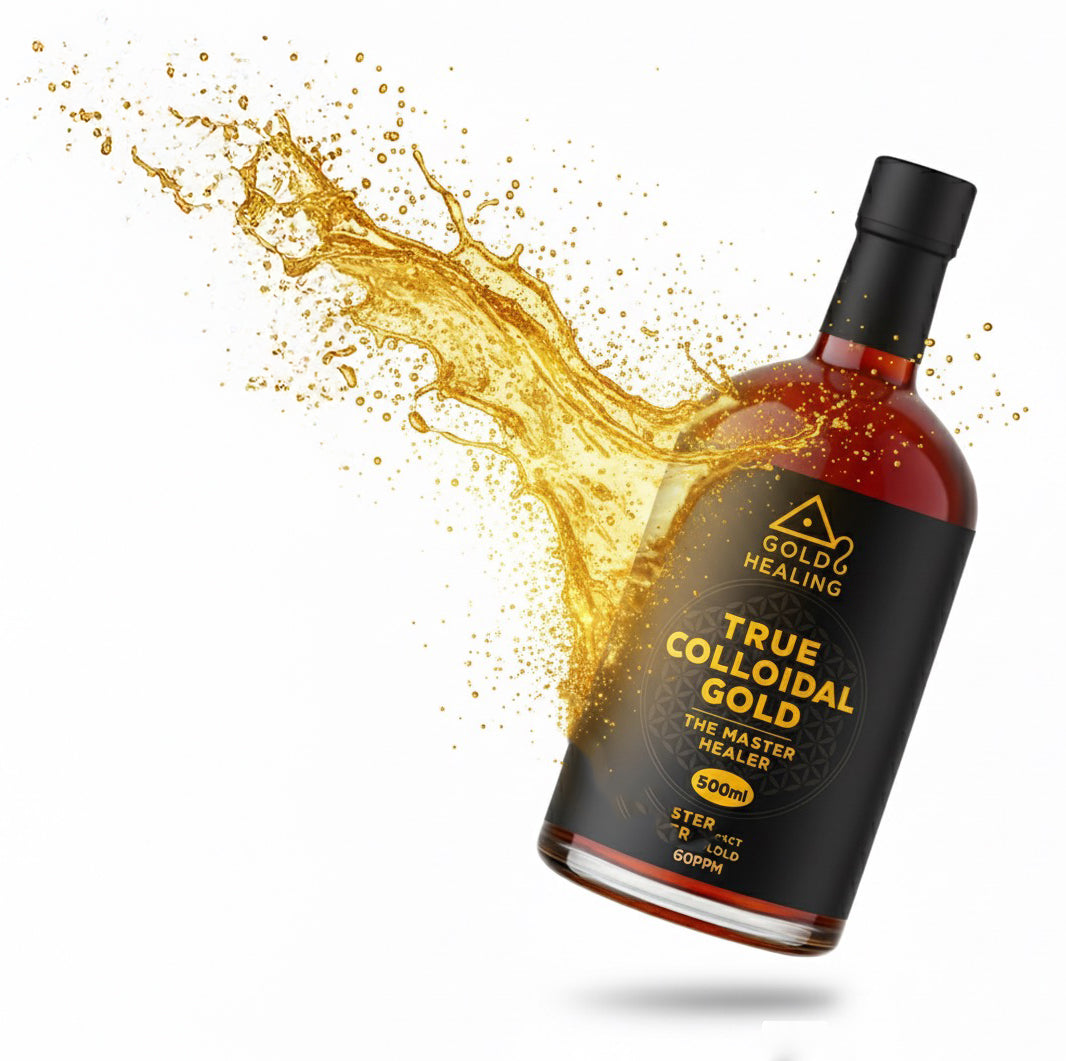 About us page Bottle of Gold Healing True Colloidal Gold with gold liquid splash on a white background