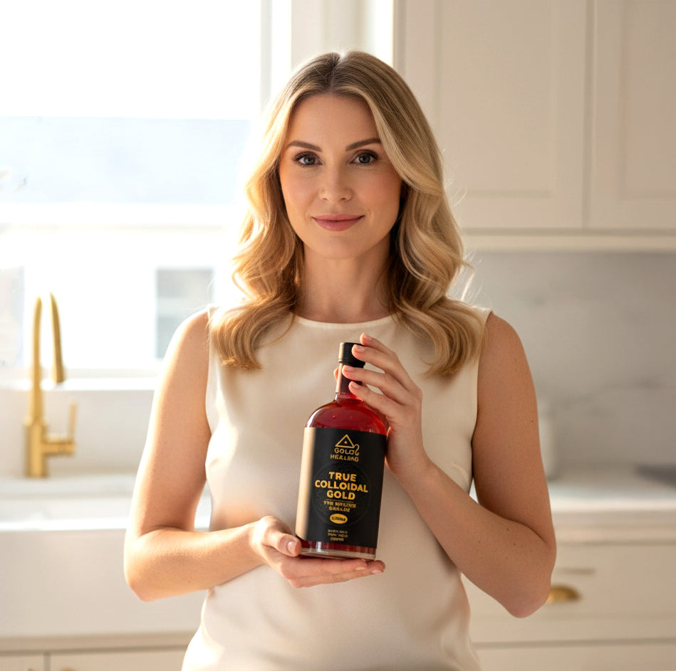 About us product image of Woman holding a bottle of 'True Colonial Gold' syrup in a kitchen setting