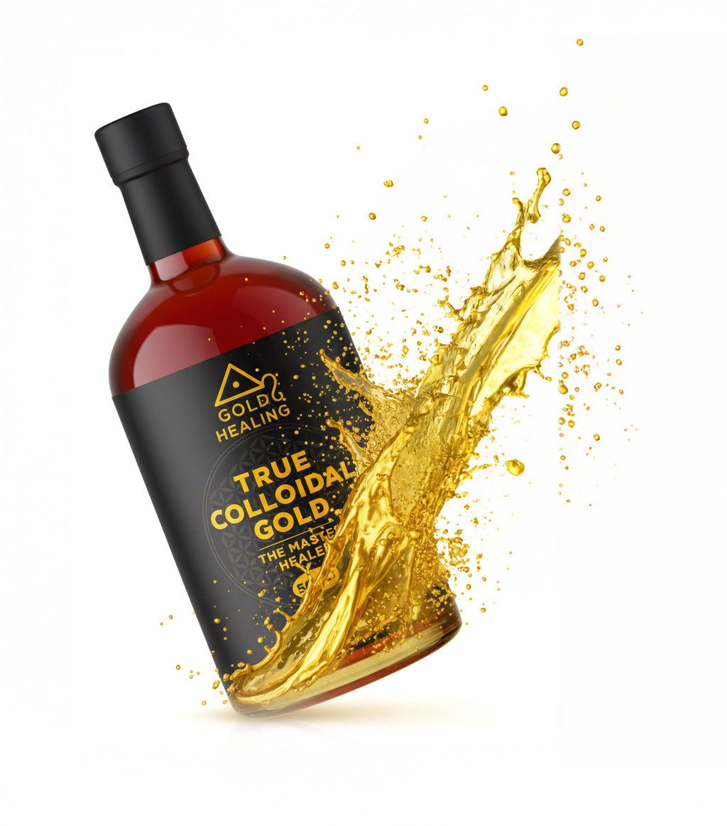 About us page Bottle of Gold Healing True Colloidal Gold with gold liquid splash on a white background