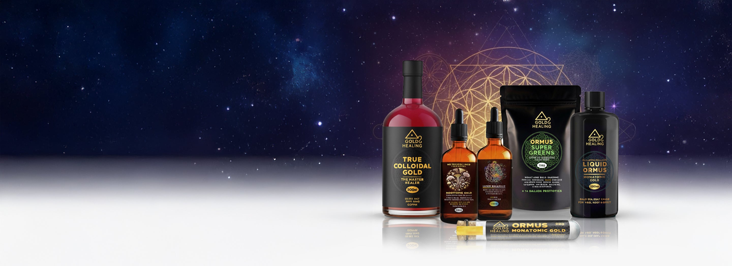 Gold Healing product range – True Colloidal Gold, Ormus SuperGreens, Liquid Ormus and Nootropic Gold displayed on cosmic background Square slider_item_6PMFCn