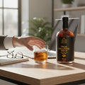 Bottle of True Colloidal Gold on a desk with a glass of liquid and a hand reaching towards it.