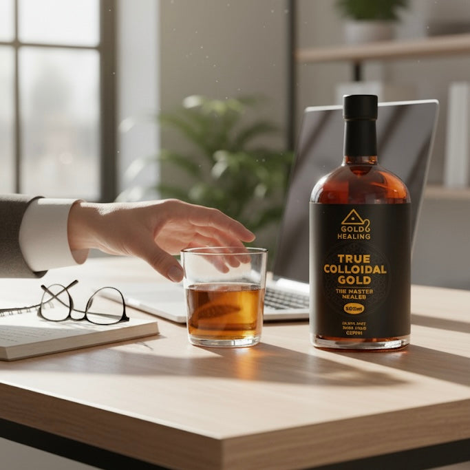 Bottle of True Colloidal Gold on a desk with a glass of liquid and a hand reaching towards it.