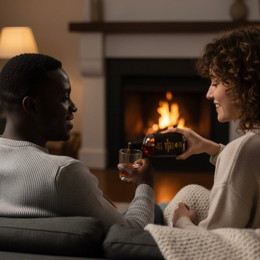 Two people sitting together in a cozy room with a fireplace, one person holding a bottle and glass.