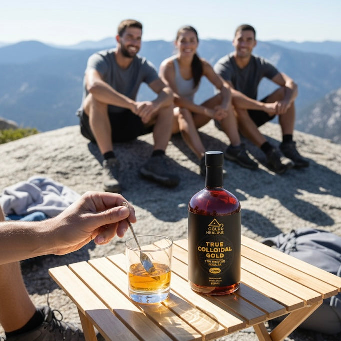 People sitting on a mountain with a bottle of True Colloidal Gold and a glass of liquid.