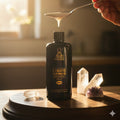 Bottle of Gold Healing Liquid Ormus with a spoon pouring liquid onto it, surrounded by crystals on a wooden surface.