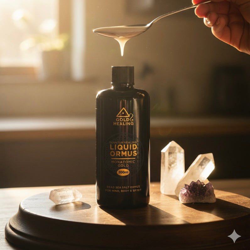 Bottle of Gold Healing Liquid Ormus with a spoon pouring liquid onto it, surrounded by crystals on a wooden surface.
