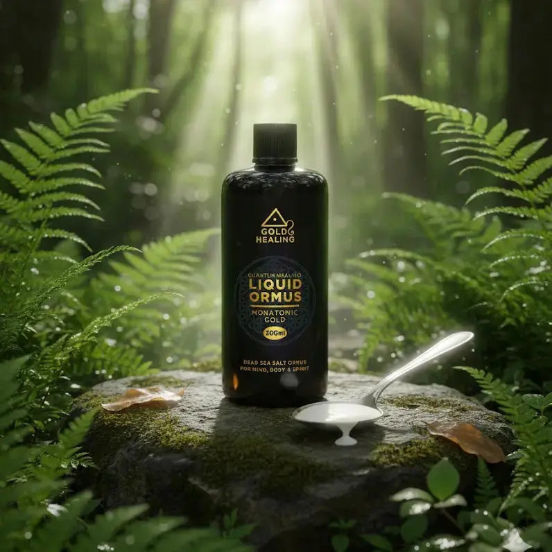 Gold Healing Liquid ORMUS bottle displayed in a forest with a serving spoon