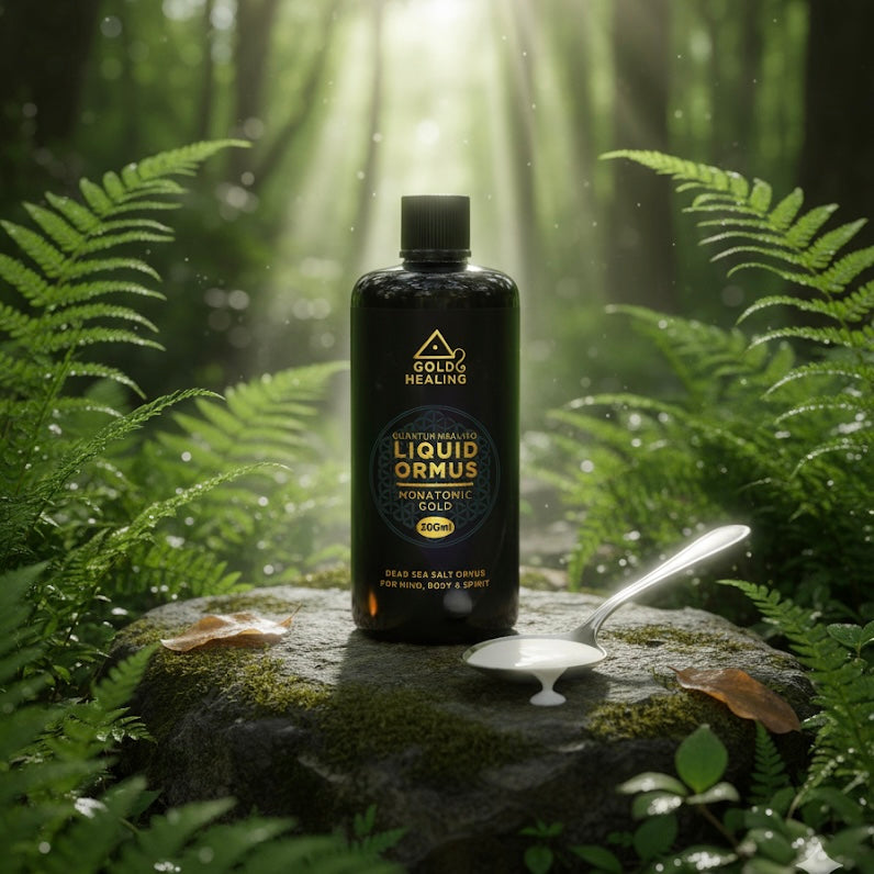 Bottle of Liquid Ormus on a rock with a forest background