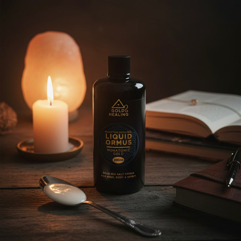 Bottle of Gold Healing Liquid Ormus on a wooden surface with a candle and books in the background