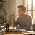Man drinking from a spoon with a steaming cup, surrounded by books and a laptop in a warm-lit room.