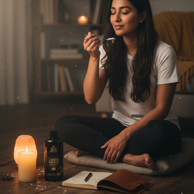 Woman sitting on a mat with a candle and a bottle of 'Liquid Om' in a cozy indoor setting.