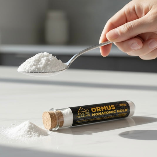 Hand holding a spoon with white powder above a container labeled 'Ormus Monatomic Gold' on a light surface.