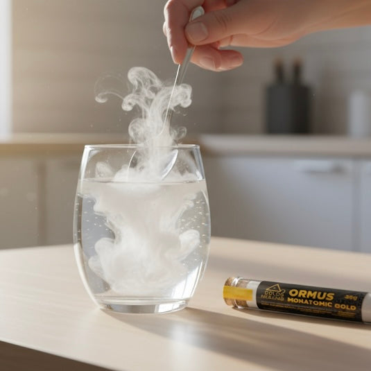 Glass of water with dry ice and a spoon, with ORMUS Monatomic Gold product on a kitchen counter.