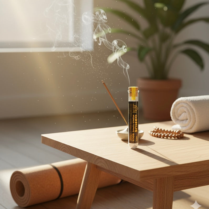 Incense stick with smoke on a wooden table, with a yoga mat and plant in the background.