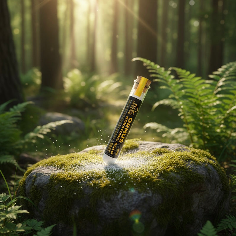 ormus on a mossy rock in a forest with sunlight filtering through the trees