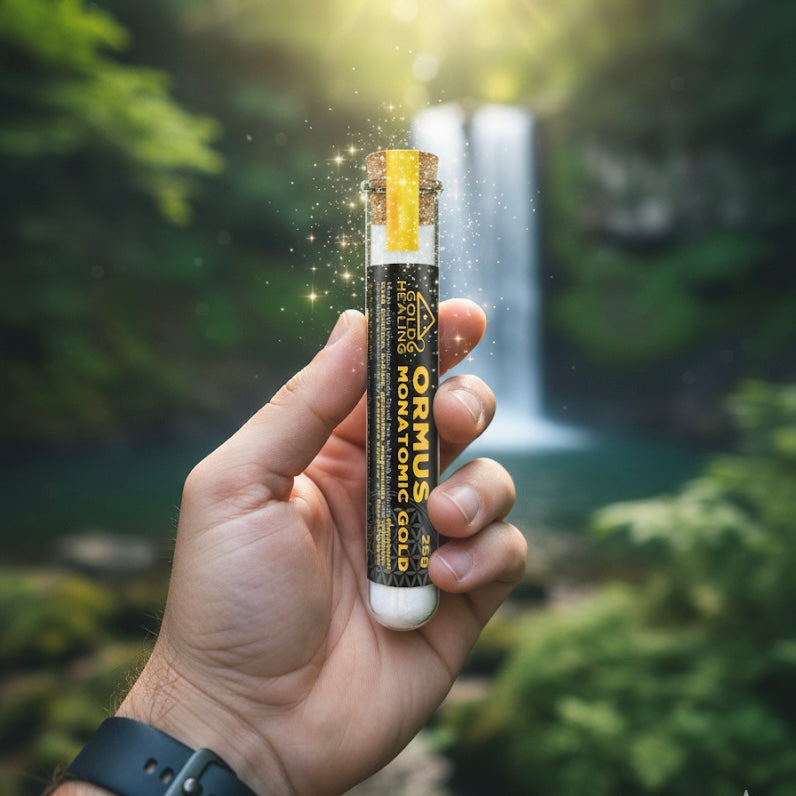 Hand holding a tube labeled 'Ormus Monatomic Gold' against a natural background with a waterfall.