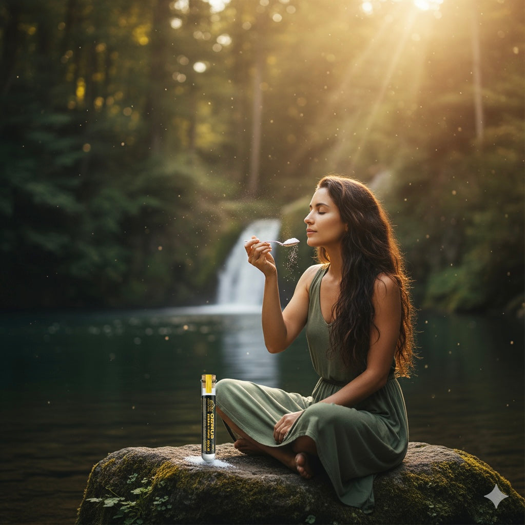 Woman in a green dress sitting by a lake with a ormus  on a rock, surrounded by nature.