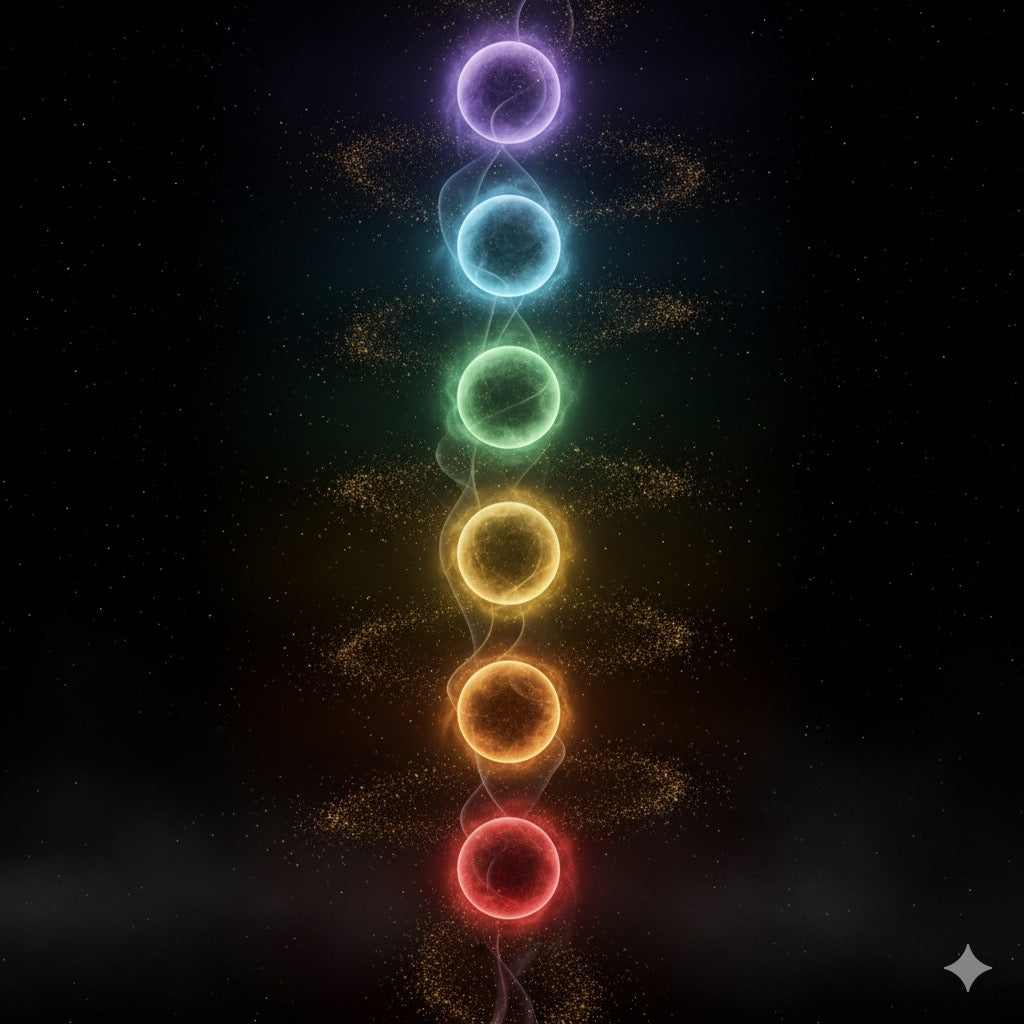 Seven colourful energy chakra spheres on a dark background