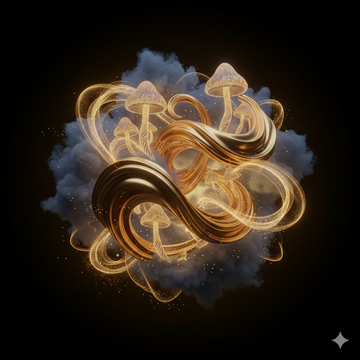 Decorative design of mushroom liquid tinctures with glowing effects on a dark background