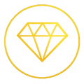 Four gold outline icons on a white background: a shield with a sun symbol, a diamond, a padlock, and a bottle.