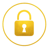 Four gold outline icons on a white background: a shield with a sun symbol, a diamond, a padlock, and a bottle.