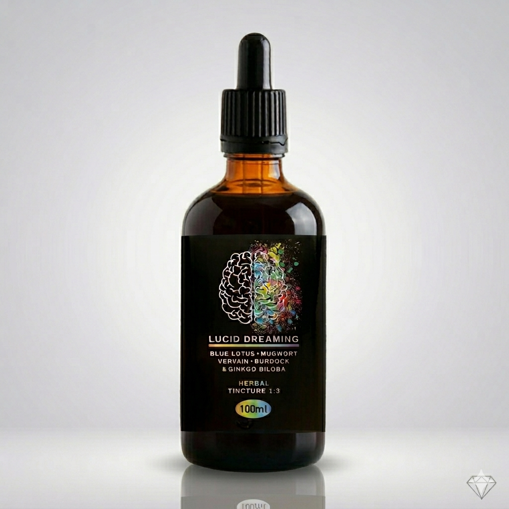 Bottle of Lucid Dreaming tincture with a dropper on a gray background
