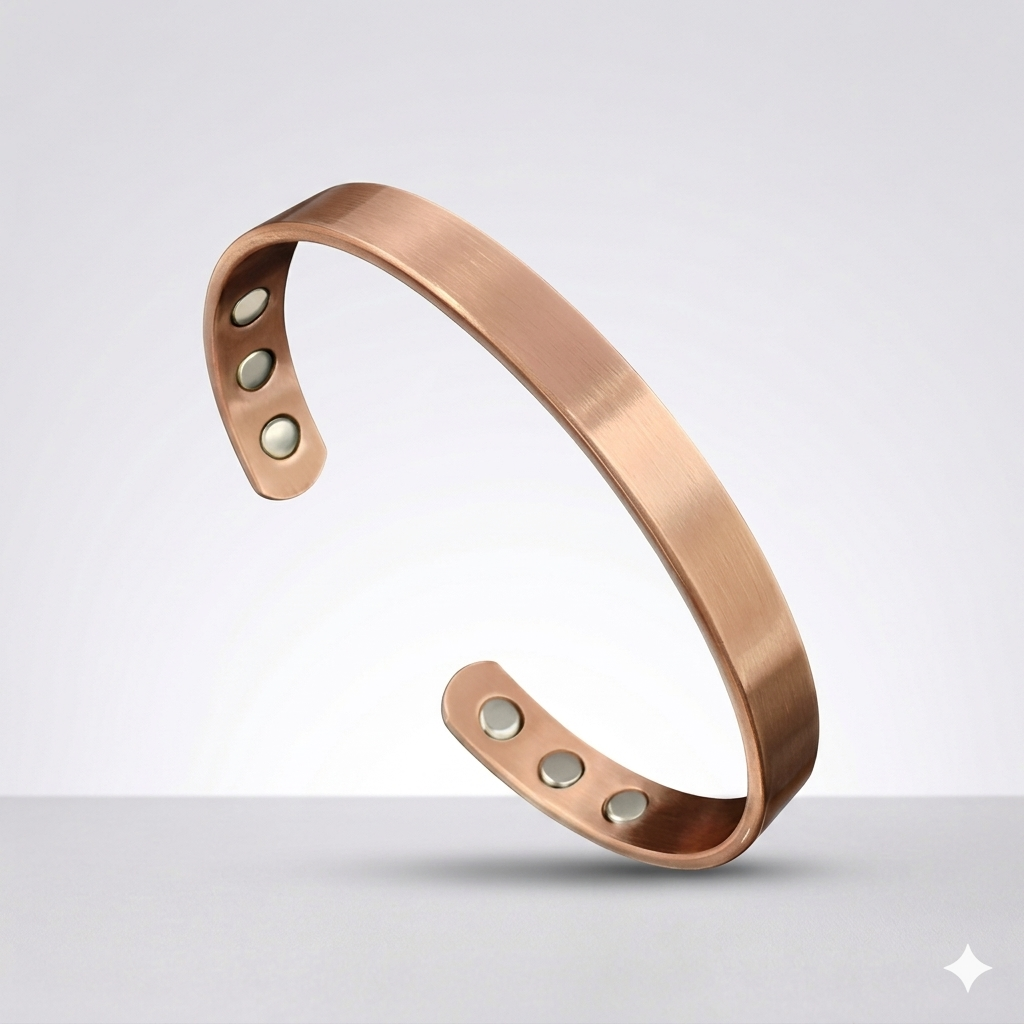 Copper bracelet with embedded stones on a light gray background