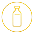 Four gold outline icons on a white background: a shield with a sun symbol, a diamond, a padlock, and a bottle.