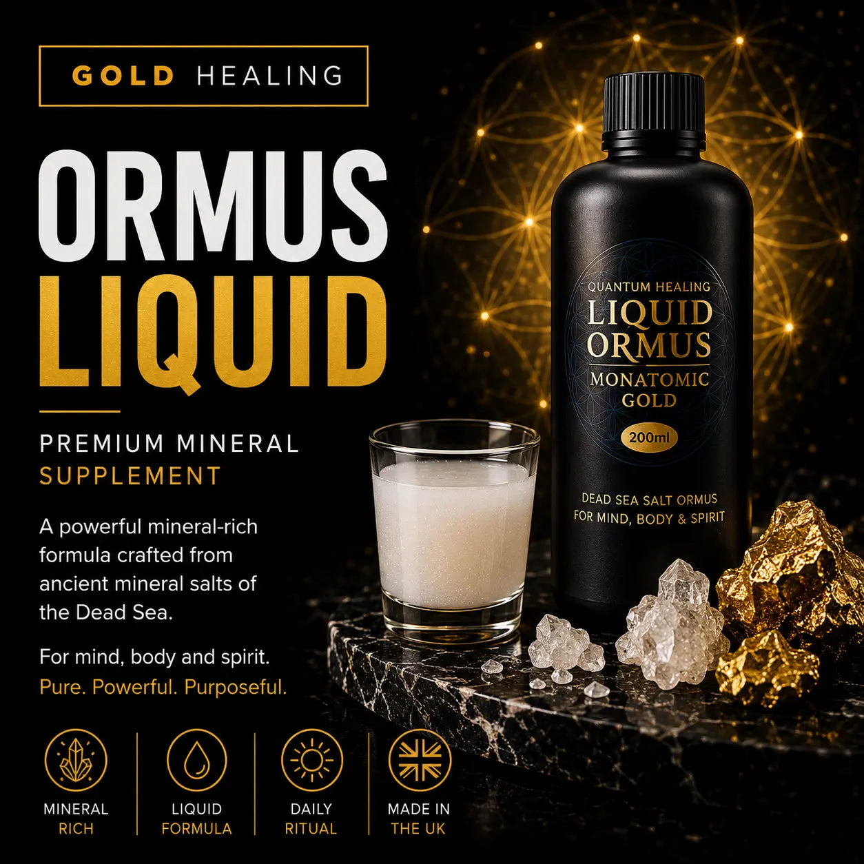 A bottle of Quantum Healing Liquid Ormus Monatomic Gold 200ml supplement next to a glass of white liquid, with gold crystals and a dark marble surface against a black background with gold glowing network graphics.