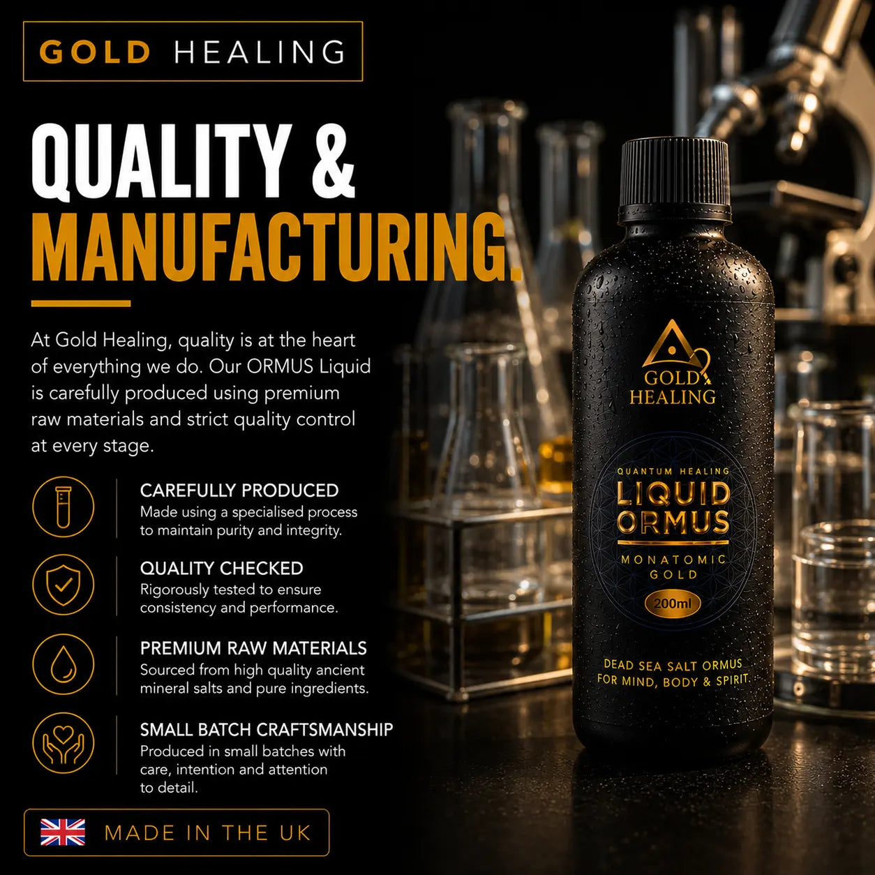 Gold Healing Liquid Ormus Monatomic Gold tincture bottle on a dark reflective surface with laboratory glassware in the background. The bottle is black with gold text and features marketing text about quality, manufacturing, and UK origin.