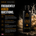 A bottle of Gold Healing Liquid Ormus Monatonic Gold supplement shown on a dark promotional graphic with text callouts and splash effects.