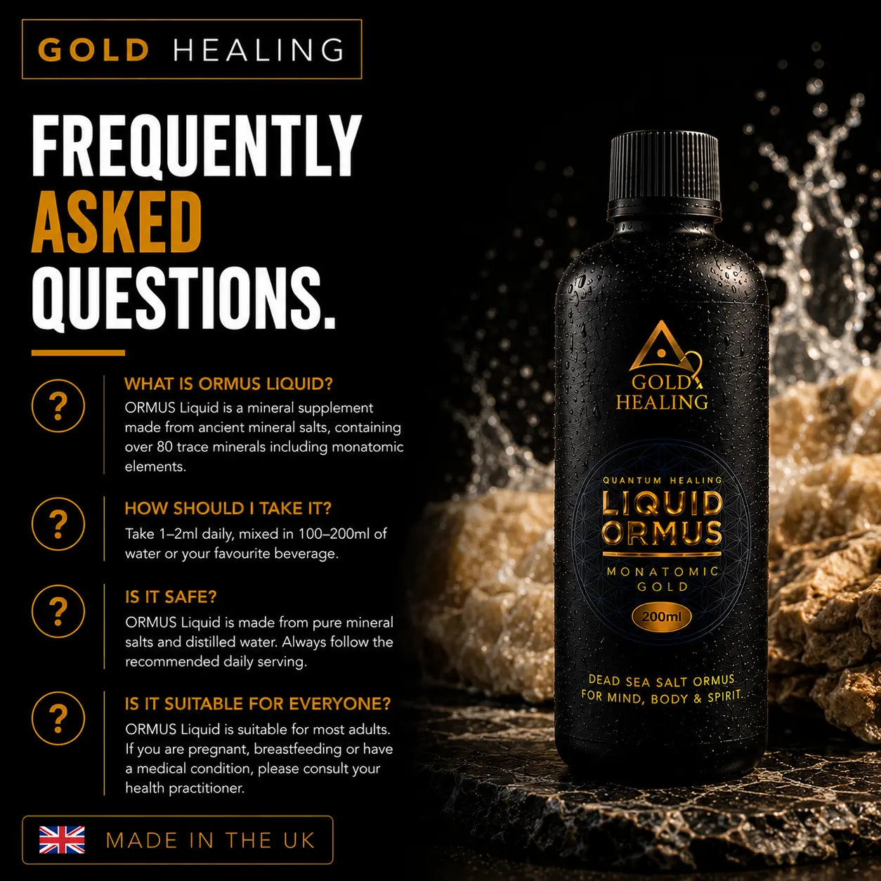 A bottle of Gold Healing Liquid Ormus Monatonic Gold supplement shown on a dark promotional graphic with text callouts and splash effects.