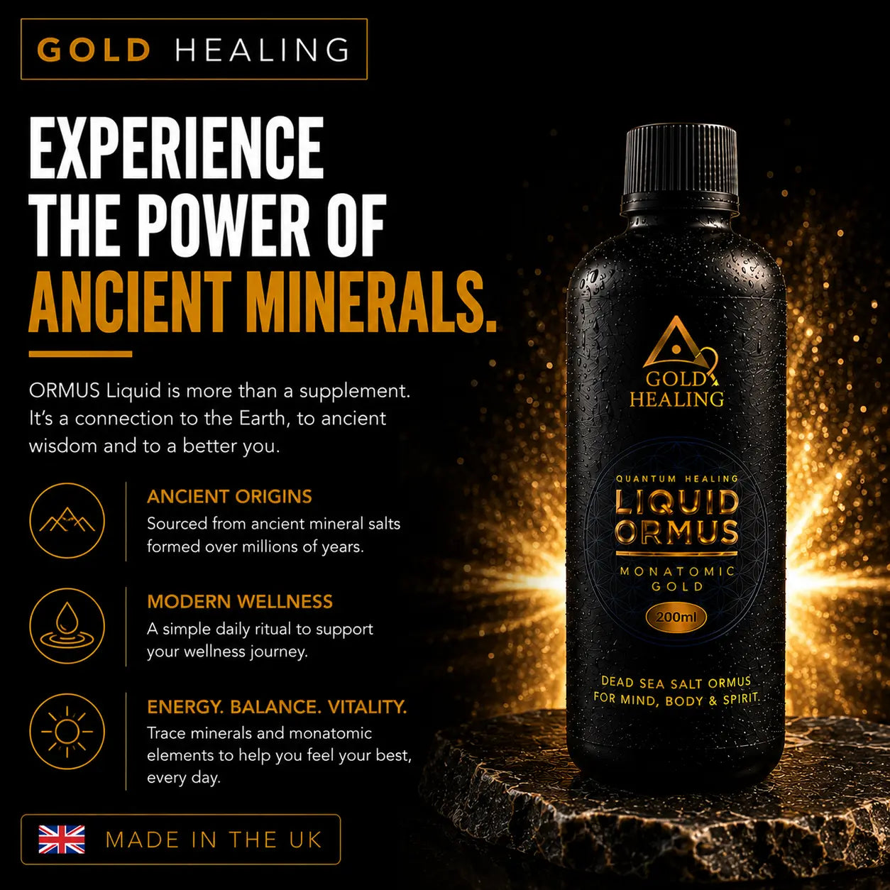 A bottle of Gold Healing Liquid Ormus Monatomic Gold supplement shown on a dark promotional background with glowing gold light effects and text describing its benefits.