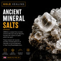 Promotional graphic for 'Ancient Mineral Salts' by Gold Healing, featuring a close-up of a crystalline mineral specimen on a black background with text detailing the product's origin and UK manufacturing.