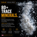 Promotional graphic for ORM Liquid 'Gold Healing' trace minerals. The left side features text detailing the benefits of 80+ trace minerals, while the right side shows a dramatic close-up of white mineral crystals exploding into bubbles in water against a black background.