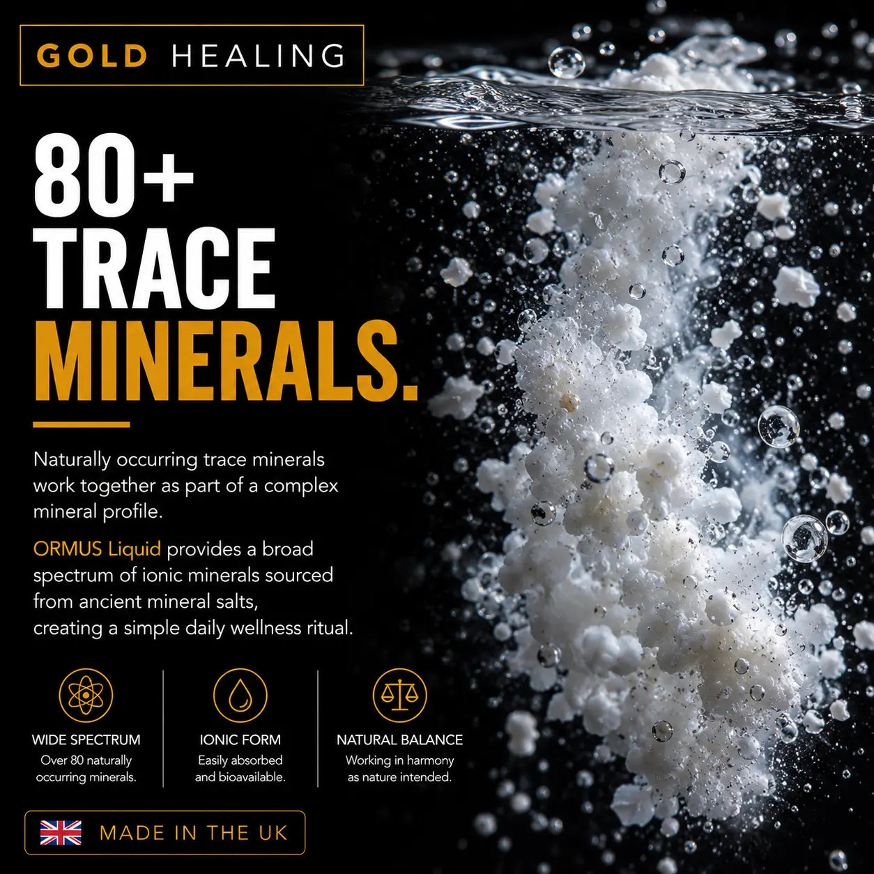 Promotional graphic for ORM Liquid 'Gold Healing' trace minerals. The left side features text detailing the benefits of 80+ trace minerals, while the right side shows a dramatic close-up of white mineral crystals exploding into bubbles in water against a black background.